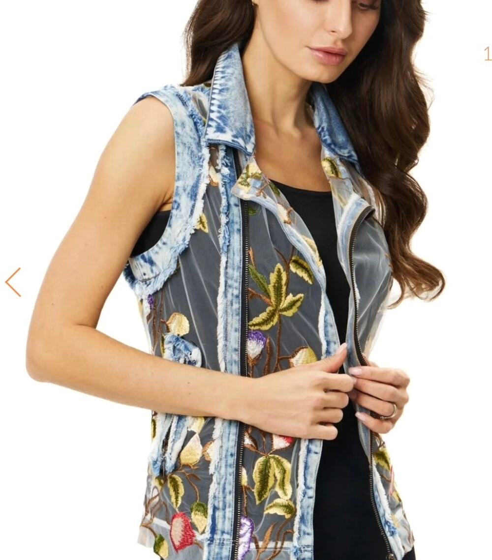 Handmade PARIS Floral Mesh Asym Zip Vest Denim Detail Embroidered Colorful Sz M
